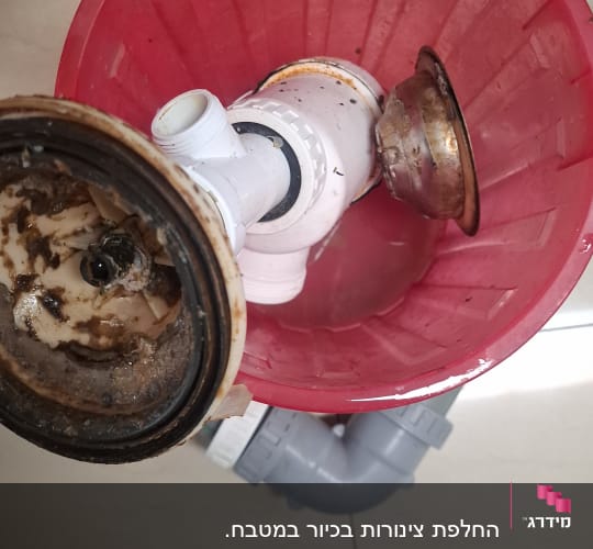 כיור עם חלקי צנרת וכלי עבודה